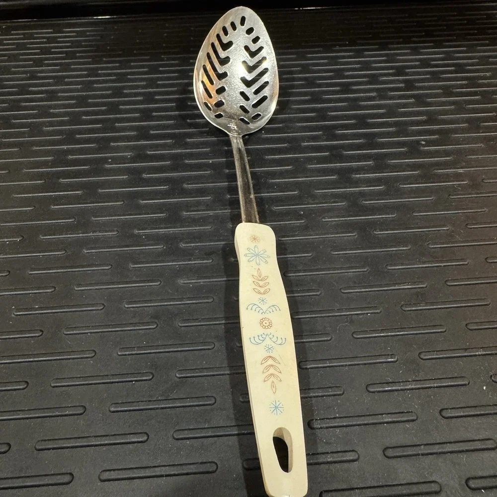 Vintage EKCO Slotted Serving Spoon Stainless Steel Pink & Blue Floral